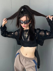 JazzHer- Sexy Streetwear Crop Black T Shirts Women Y2k Hollow Knitted Cropped Mesh Top Female Goth 2000s Shirts Kpop Chic Tees