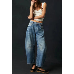 JazzHer Women Jeans Denim Wide Leg Pants Ankle Length Washing Pockets Mid Waist Distressed Spliced High Street Solid Loose Fit 2024