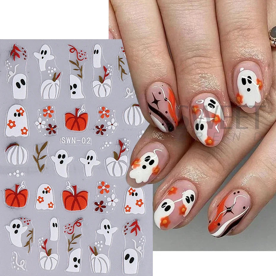 JazzHer 3D Halloween Pumpkin Nail Art Stickers Mummy Bandages Ghost Eyes Spider Web Self-adhesive Sliders DIY Winter Manicure Decoration