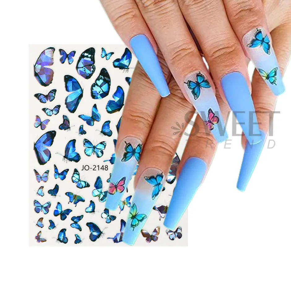 JazzHer 3D Bule Butterflies Nail Art Stickers Spring Cute DIY Charm Decal Wraps Adhesive Slider Decal Manicure Nail Art Decoration LYJO