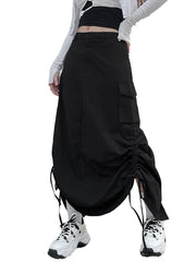 JazzHer Retro Women Long Cargo Pocket Baggy Skirts Side Drawstring Low Rise Solid Pockets Hip Hop Straight Skirts Y2k Streetwear