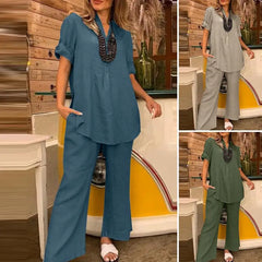 JazzHer Summer Women Two Piece Sets Shirt V Neck Buttons Solid Colour Blouses Wide Leg Straight Pants Suit 2024 Casual Loose Ensemble