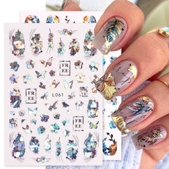 JazzHer Spring Holographic Leaves Nail Manicure Stickers 3D Laser Flowers Butterfly Geometry Adhesive Sliders Gel Polish Decor Foils LYL