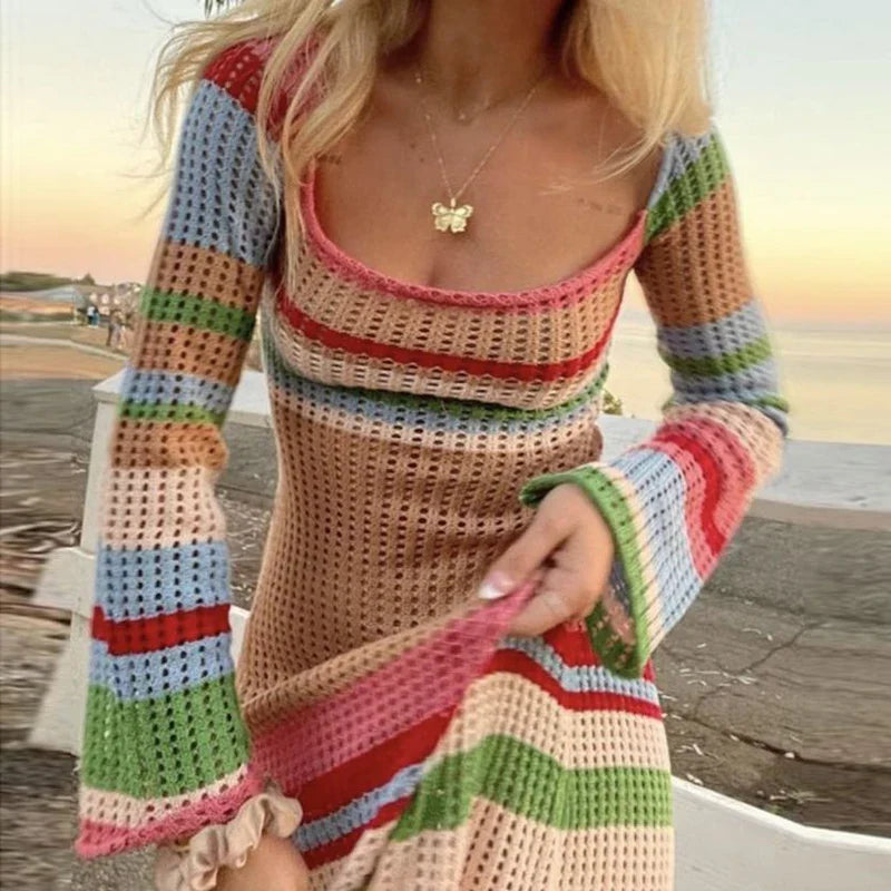 JazzHer Y2K Vintage Hollow Out Knitted Bodycon Dress Beach Style Off Shoulder Patchwork Long Sleeve Crochet Maxi Dress Elegant Women