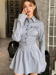 JazzHer-Elegant Vintage Blue Striped Women Mini Dresses Autumn Fashion 2024 New Pleated Long Sleeve Holiday Party Shirt Dress Korean