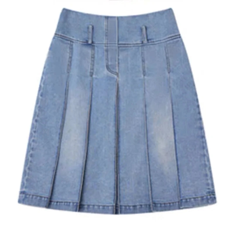 JazzHer- Y2k Streetwear Denim Pleated Skirt Women Vintage Low Waist A-line Distressed Knee-lenght Jeans Skirt Japanese Fashion