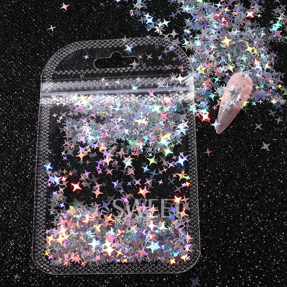 JazzHer Holographic Star Four-pointed Star Nail Paillettes Sparkly Laser Design Sequin Charm Glitter Flake Shinning Manicure Decor Slice