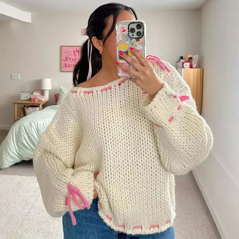 Black Friday JazzHer Contrast Color Knitted Pullover Sweater Top For Women Drawstring Loose Long Sleeve Splice Autumn Winter Fashion Sweater