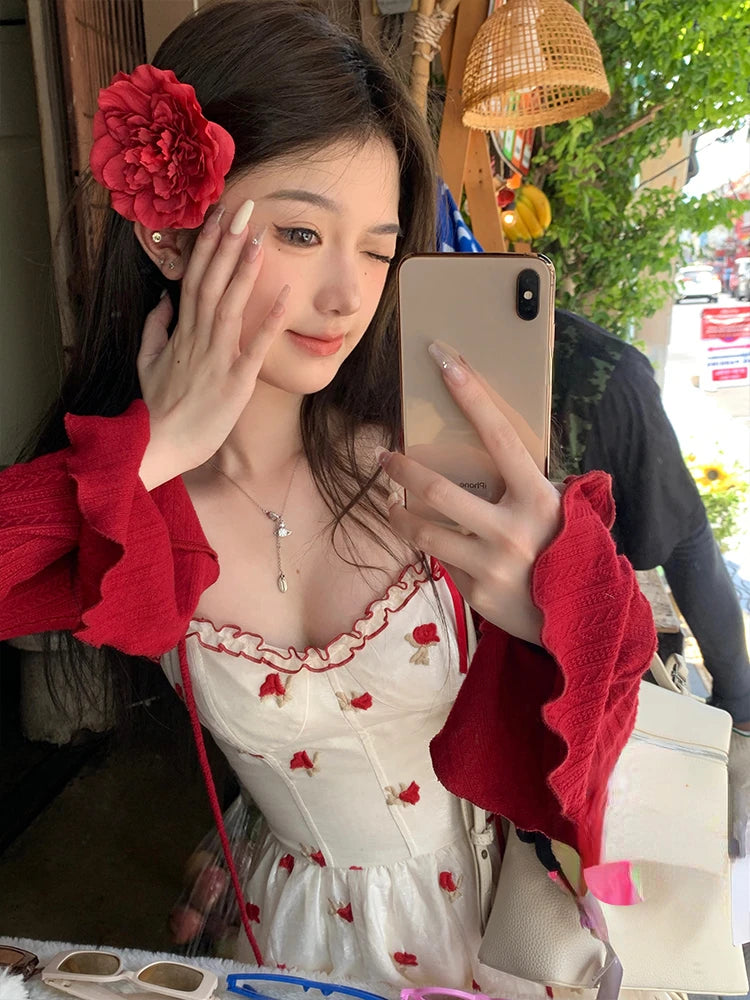 JazzHer Summer Sweet Fashion 2 Piece Dress Set Woman Red Knitted Short Cardigan + Print Sleeveless Y2k Mini Dress Korean Style Suit