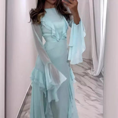 JazzHer Dress Women 2024 Autumn Long Dresses Tight Waist Full Sleeve Slash Neck Hollow Out A Line Elegant Temperament  Solid Vestidos