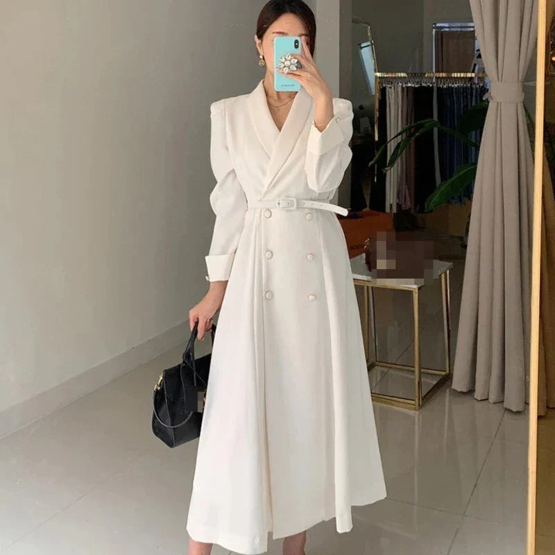 JazzHer-Women's Spring Autumn Casual A-Line Midi White Shirt Dress Long Sleeve Elegant Slim Waist Vestidos Female Fashion Black Clothes