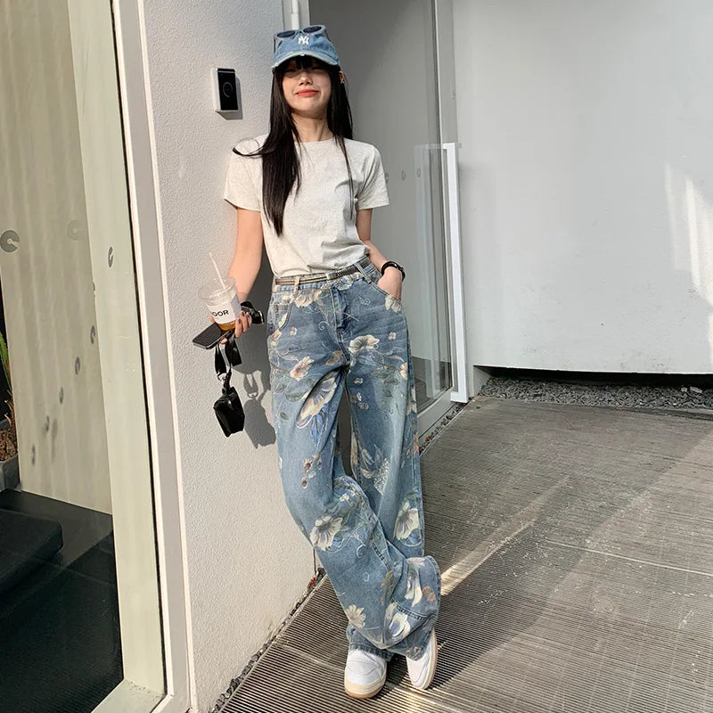 JazzHer Straight Pants Denim Buttoned High Waist Streetwear Jeans Vintage Slight Blue Jeans Long Y2k Work Summer Blue Jeans Capris