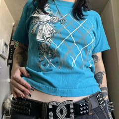 JazzHer 00s Retro Janpanese Style Edgy Techno Crop Tops Y2K Grunge Emo Skull Tee Star Plaid Graphic Print T-shirt E Girl Gothic Clothes