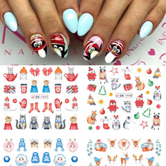 JazzHer 12pcs Cute Christmas Nail Stickers Cartoon Animal Design Penguin Bird Cat Dog Bear Nail Slider Water Decals Decoration Manicure