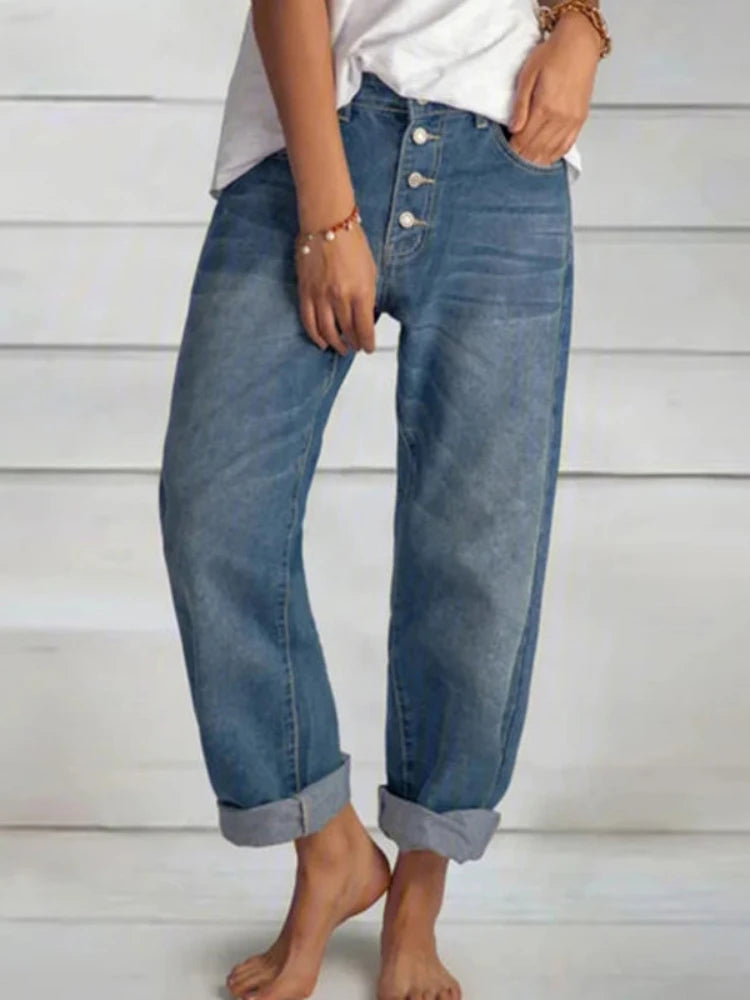 JazzHer Jeans Straight Pants Women Denim Spliced Button Loose Pockets High Waist Wash Ankle Length 2024 Vintage Distressed Basics