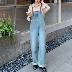 JazzHer Jeans Denim Women Wide Leg Pants Jumpsuits Overalls Loose Pockets Casual Washing Elegant Ankle Length Mid Waist One Piece