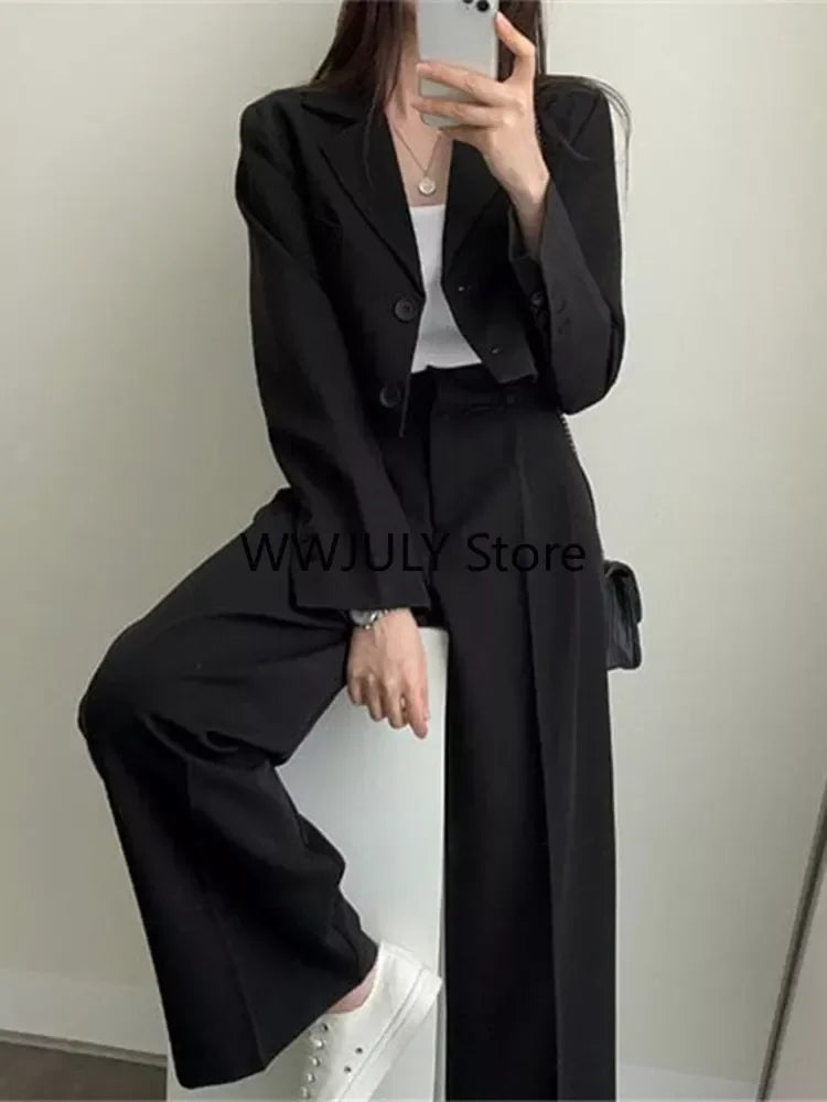 JazzHer Two Piece Sets Women Outifits Cropped Blazer 2024 Fall Office Lady Pants Sets Long Sleeve Fashion Coat Black High Waisted Pants