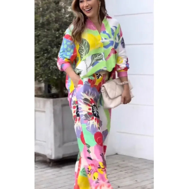 JazzHer Women Two Piece Set Long Sleeve Shirt Suits Floral Print Loose Wide Legs Pants with Pockets Sets High Streetwear 2024 New