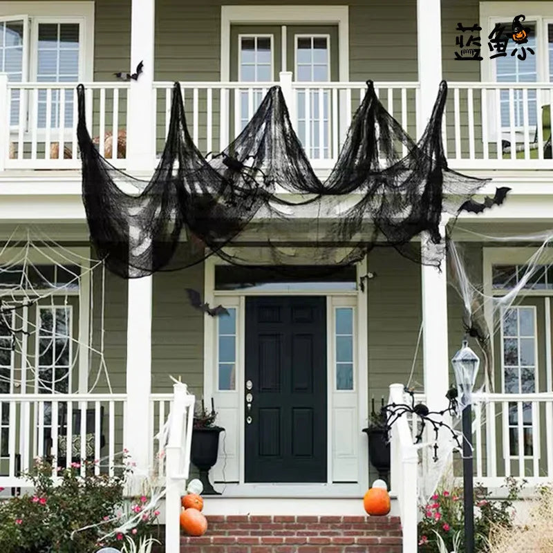 JazzHer Halloween Large Black Grid Yarn Cloth Halloween Party Outdoor Indoor Decorations Gothic Haunted House Horror Props Tablecloth