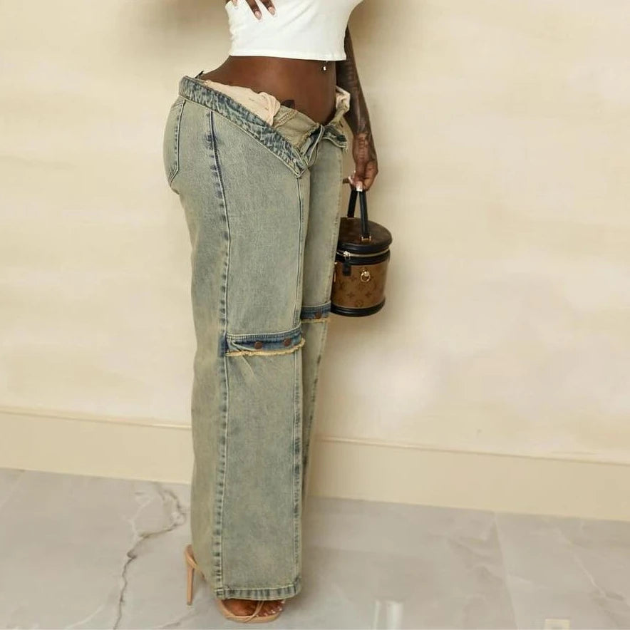 JazzHer Button Spliced Women Jeans Full Length Straight Pants Distressed Washed Pockets Streetwear Loose Fit Denim Mid Waist Vintage