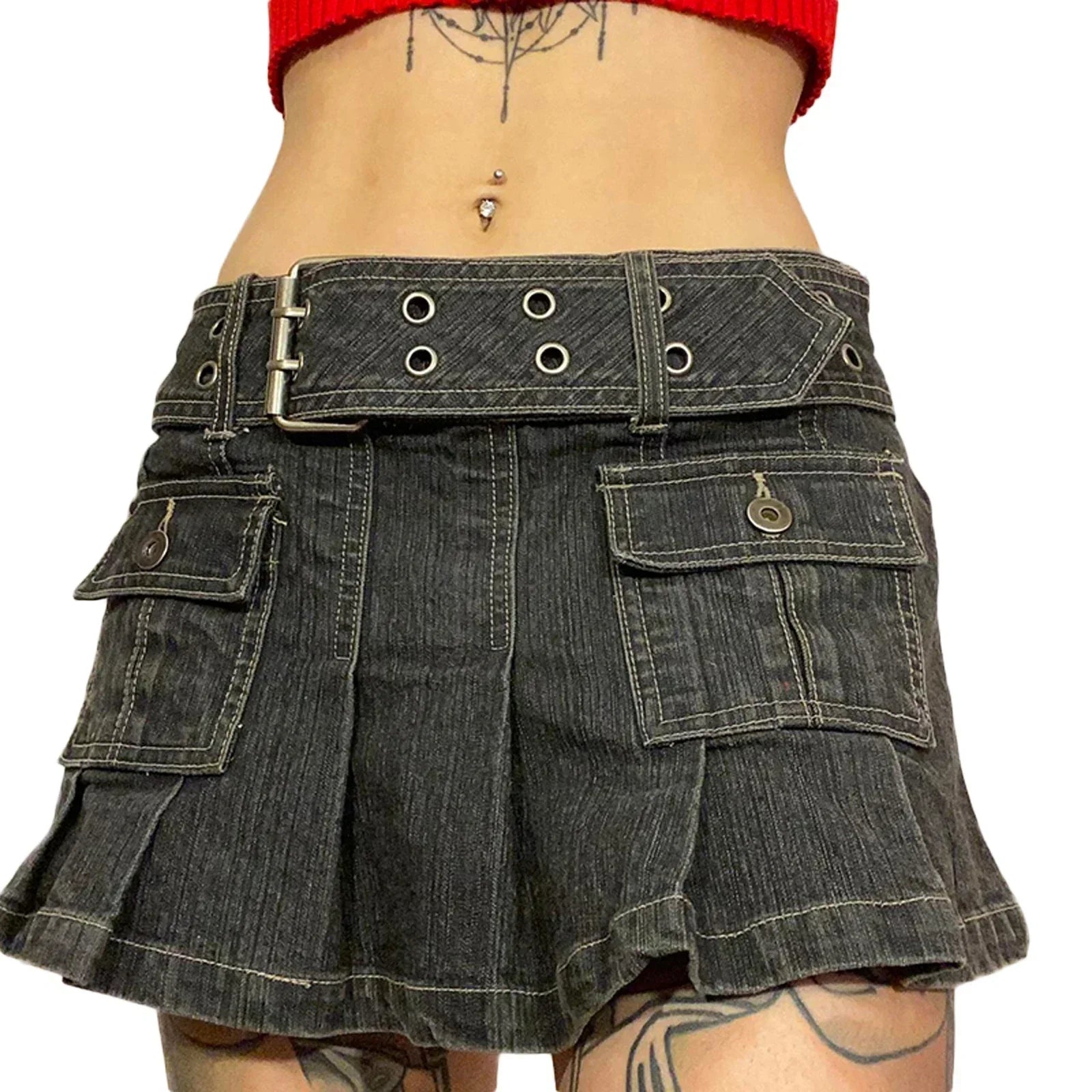 JazzHer-Women's Spring Summer Y2K Aesthetics Low Waist Mini Denim Skirt Solid Color Pleated Multi-pocket Skirt with Belt 2000s Club Wear