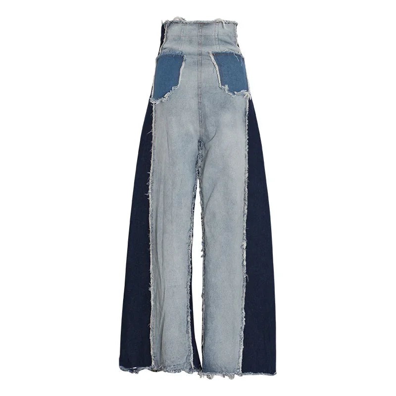 JazzHer Full Length High Waist Flare Pants Denim Women Jeans Spliced Loose Washed Pockets Distressed Loose Fit Vintage Punk Style