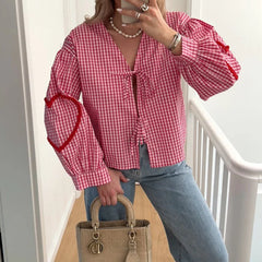 JazzHer Y2K Front Bowknot Tie-Up V-Neck Tees Plaid Heart Pattern Long Sleeve Blouse T-shirt Women Chic Fashion Spring Casual Crop Tops