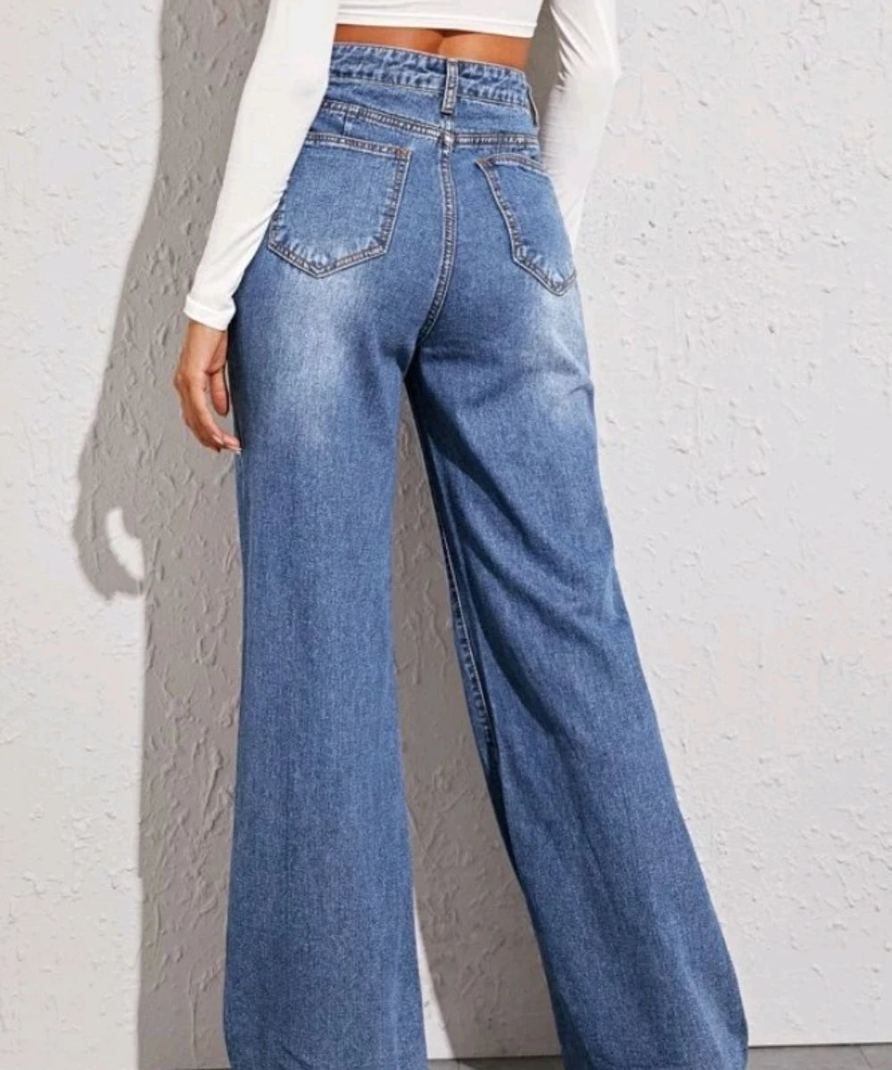 JazzHer Women Denim Wide Leg Pants Jeans Washing Loose High Waist Pockets Zipper Fly Solid Ankle Length Basics 2024 Distressed