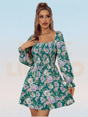 JazzHer Women Dress Elegant Square Collar Floral A-line Long Sleeve Dress Summer 2022 Printing Short Dress Petal Sleeve Boho Dress