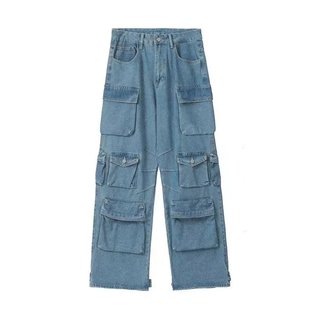 JazzHer 2023 New American Multi-pocket Overalls Female Y2K Fashion Trend High Street Retro Heavy Industry Loose Casual Wide-leg Jeans