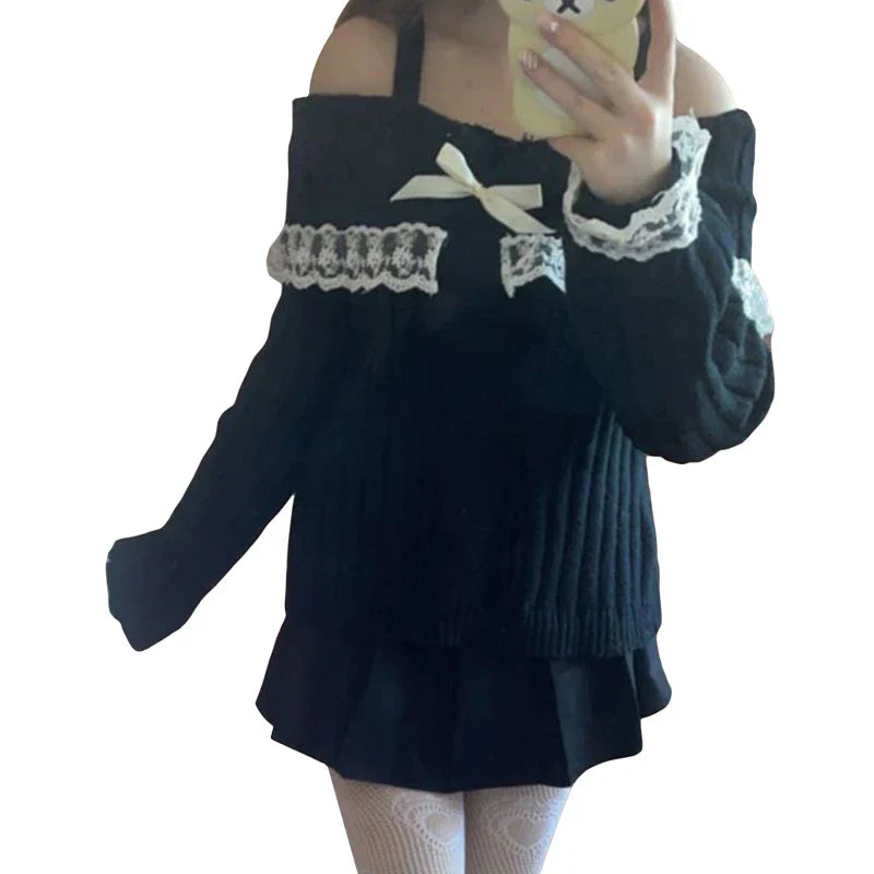 JazzHer 2024 Fall Fashion Pretty Cute Outfits Harajuku Cosplay Sweater Kawaii Lace Trim Off Shoulder Pullovers Y2K Aesthetic Vintage Long Sleeve Jumpers