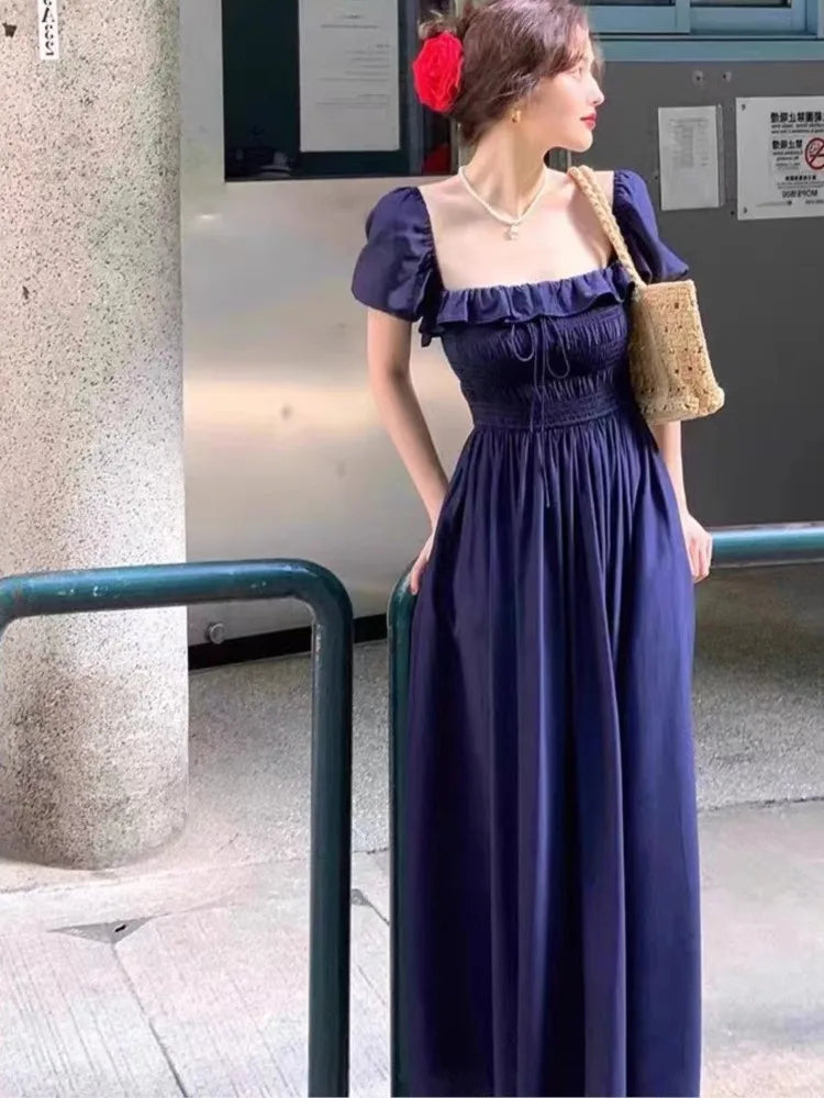 JazzHer French Elegant Lace Up Midi Dress Women Summer Vintage Solid Short Sleeve A-Line Party Club Vestido Korean Ruffles Clothing