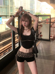 JazzHer Summer Woman 2000s Vintage Leopard Shorts Sets Casual Y2k Crop Tops Slim Fashion Shorts Hot Girls Aesthetics Sweet Suit Design