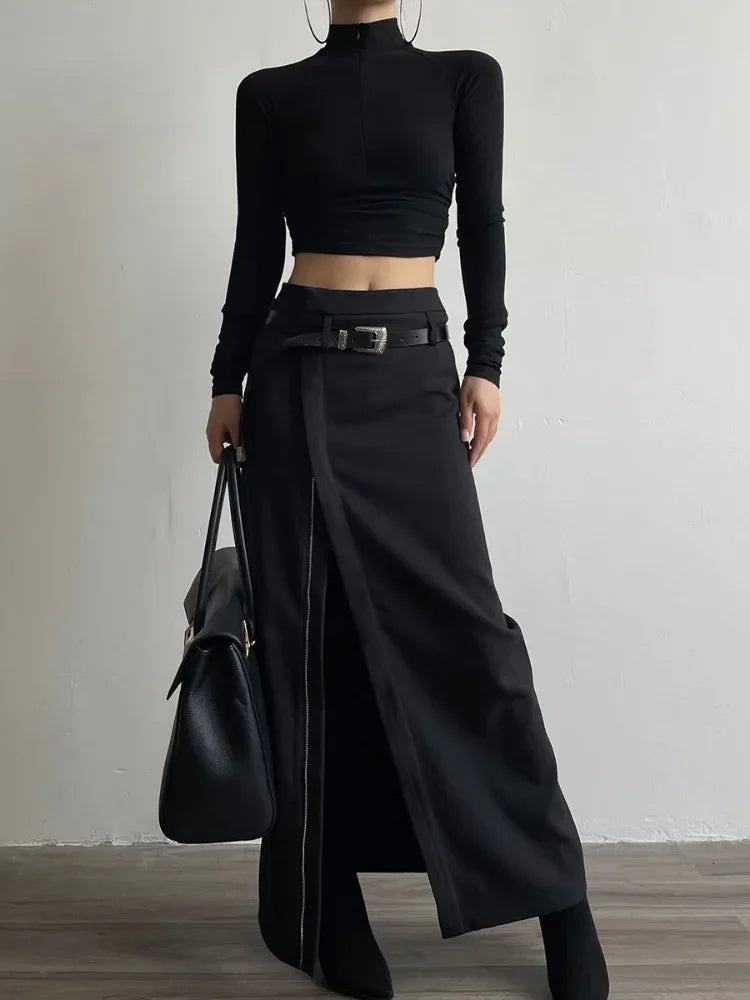 JazzHer- Sexy Zipper Split Out Black Skirt High Street Solid High Waist Long Skirts for Women Club Party Streetwear Fashion Trend