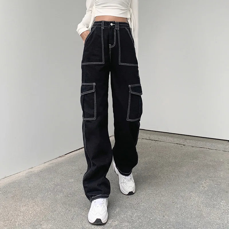 JazzHer Vintage Jeans Women Cargo Pants Denim High Waist Zipper Fly Pockets Button Floor Length Trousers Straight Streetwear Denims