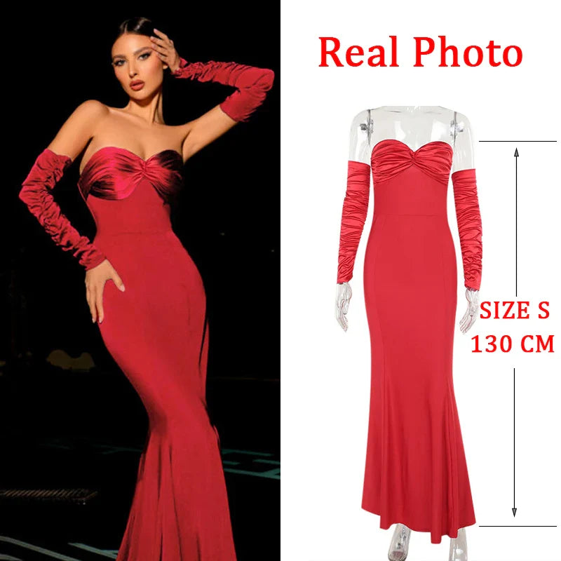 JazzHer Strapless High Stretch Pleated Elegant Evening Party Dress Women Backless Sexy Dress Long Bodycon Autumn Dress Vestidos