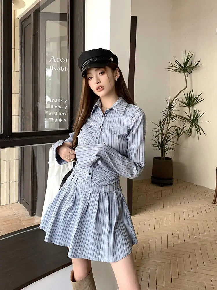 JazzHer-Elegant Vintage Blue Striped Women Mini Dresses Autumn Fashion 2024 New Pleated Long Sleeve Holiday Party Shirt Dress Korean