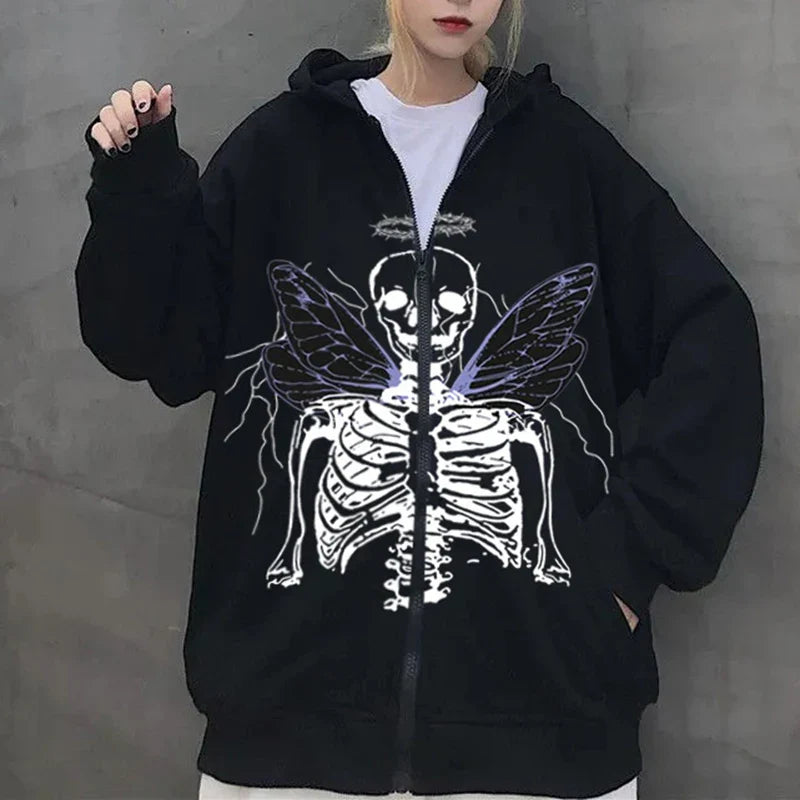 JazzHer Y2K Aesthetic Zip Up Sweatshirts E-girl Gothic Grunge Emo Skeletons Wings Print Oversized Hoodies Autumn Long Sleeve Coat Top