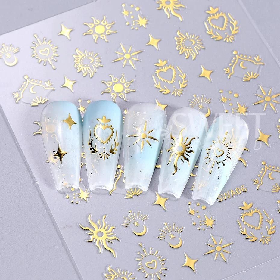 JazzHer 3D Bronzing Sun Star Nails Stickers Golden Silver Y2K Strip Line Nail Art Design Self Adhesive Decal Sliders Manicure Decoration