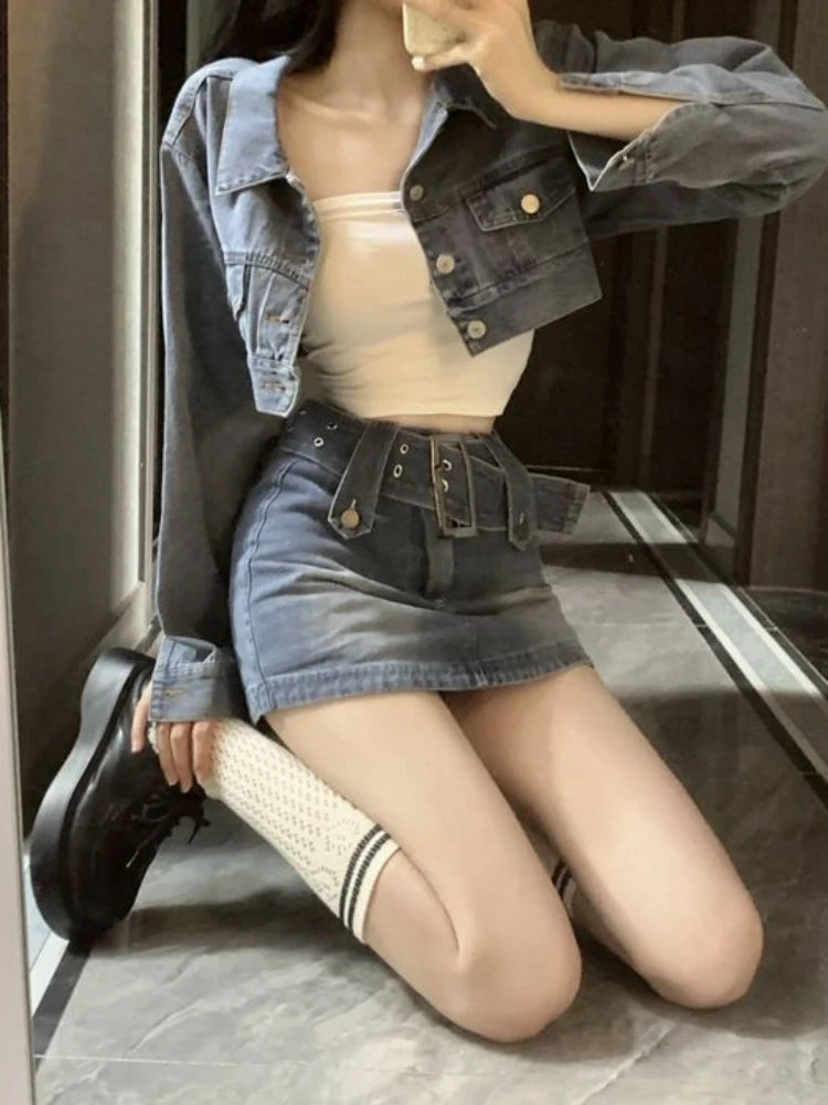 JazzHer Vintage Denim Suit Woman Slim Casual Short Cardigan + Sexy Bodycon Y2k Mini Skirt Elegant Korean Fashion Set 2024 Spring Chic