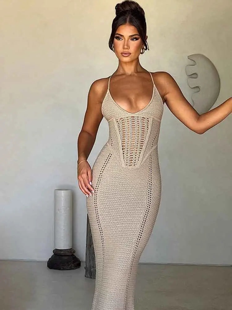 JazzHer White Knitting Halter Backless Holiday Casual Dress Women Elegant Sexy Dress Bodycon Maxi Long Summer Dress Vestidos