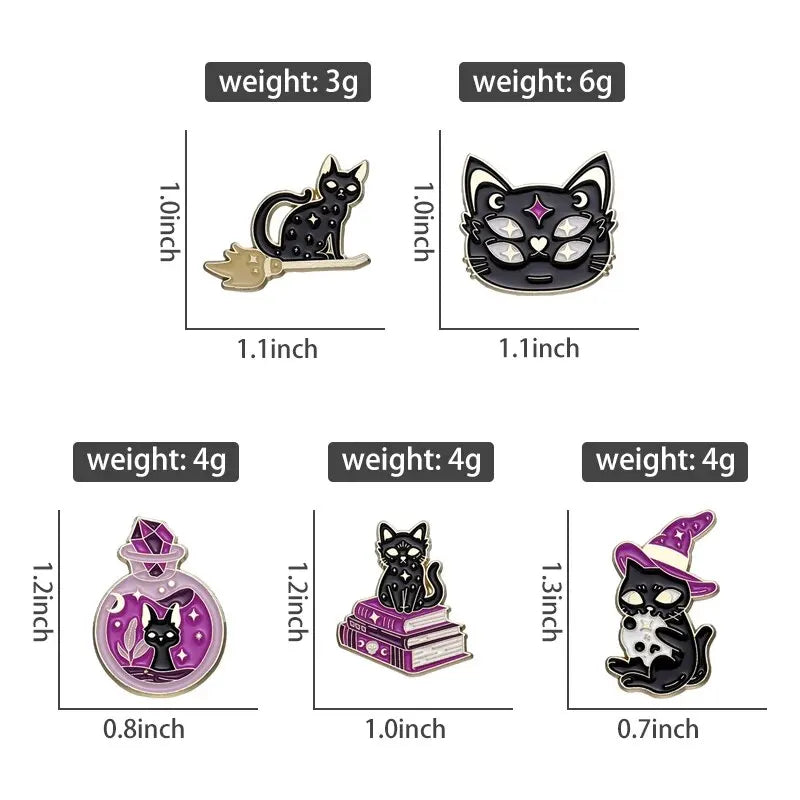 JazzHer 5pcs Magic Cat Metal Badge Alloy Halloween Brooch Purple Hat Potion Witch Black Cat Animal Cute