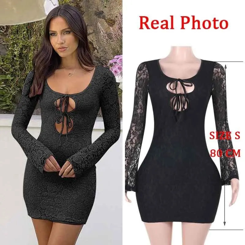 JazzHer Lace Print Evening Party Dress Women 2025 Long Sleeve Hollow Out Elegant Sexy Dress Bodycon Mini Autumn Dress Vestidos