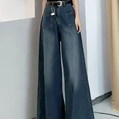 JazzHer Women Vintage Jeans Basics Wide Leg Pants High Waist Pockets Button Solid Colour Full Length Denims Casual Straight Trousers