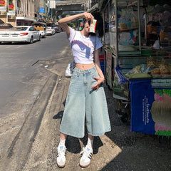 JazzHer Denim Straight Buttoned High Waist Streetwear Wide Leg Jeans Vintage Blue Jeans Long Pants Y2k Work Summer Blue Jeans Capris