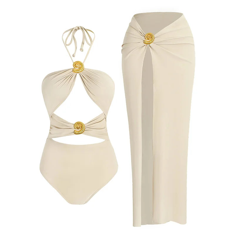JazzHer Sexy One-piece Swimsuit Women Solid Color Plunge 2 Piece Beachwear Conch Bikini Set with High Split Beach Skirt Resort Wear K122