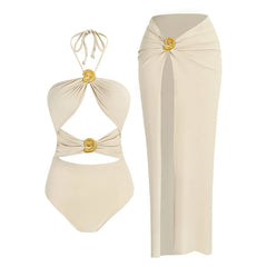 JazzHer Sexy One-piece Swimsuit Women Solid Color Plunge 2 Piece Beachwear Conch Bikini Set with High Split Beach Skirt Resort Wear K122
