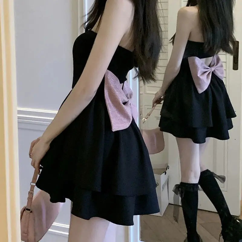 JazzHer-Summer Black Strap Kawaii Dress Women Casual Bow Sweet Party Mini Dress Female Casual Korean Fashion Elegant Cute Dress 2024