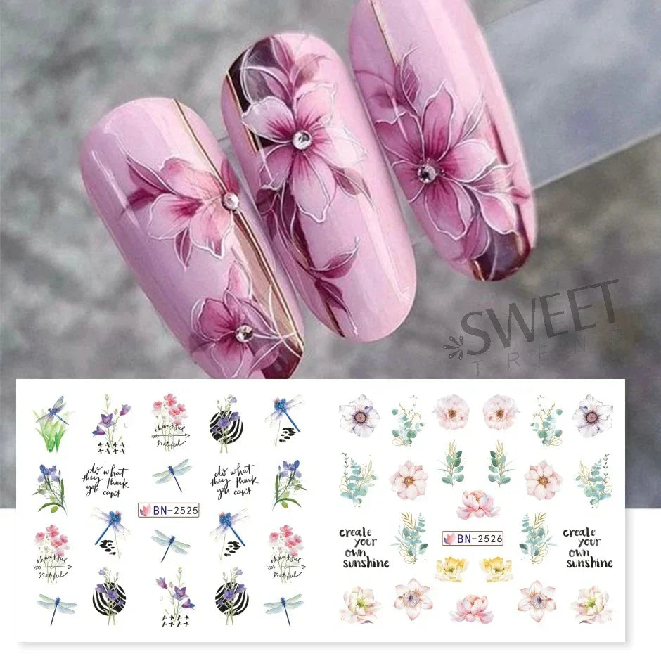 JazzHer Spring Watercolor Flowers Stickers For Nail Blooming Leaves Floral Transfer Sliders DIY Bouquet Design Manicure Foils Decal LYBN