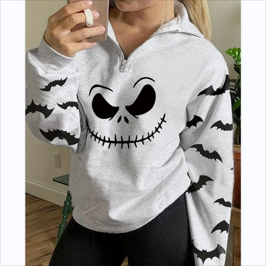 JazzHer Joskka Halloween Smiling Face Bat Print Women Sweatshirt Zipper Lapel Top Autumn Long Sleeve Fashion Casual Halloween Sweatshirt